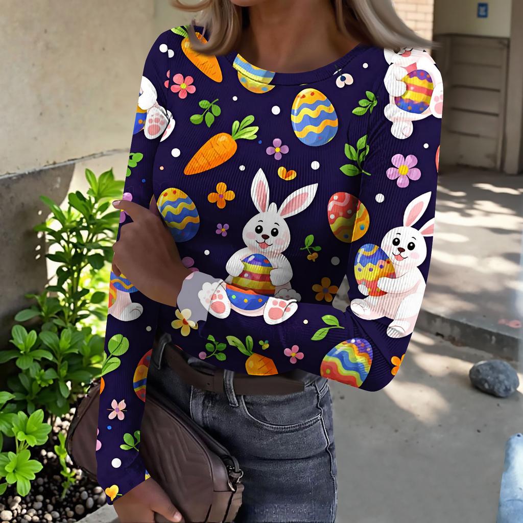 Women's And Winter Slim T-shirt Fashion Casual Printing Round Neck Pullover Long Sleeve Top