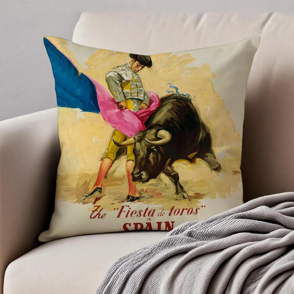Spanish Running of the Bulls Cushion Cover Pillowcase Antidustmite Invisible Zipper Short Plush Sofa Cushion