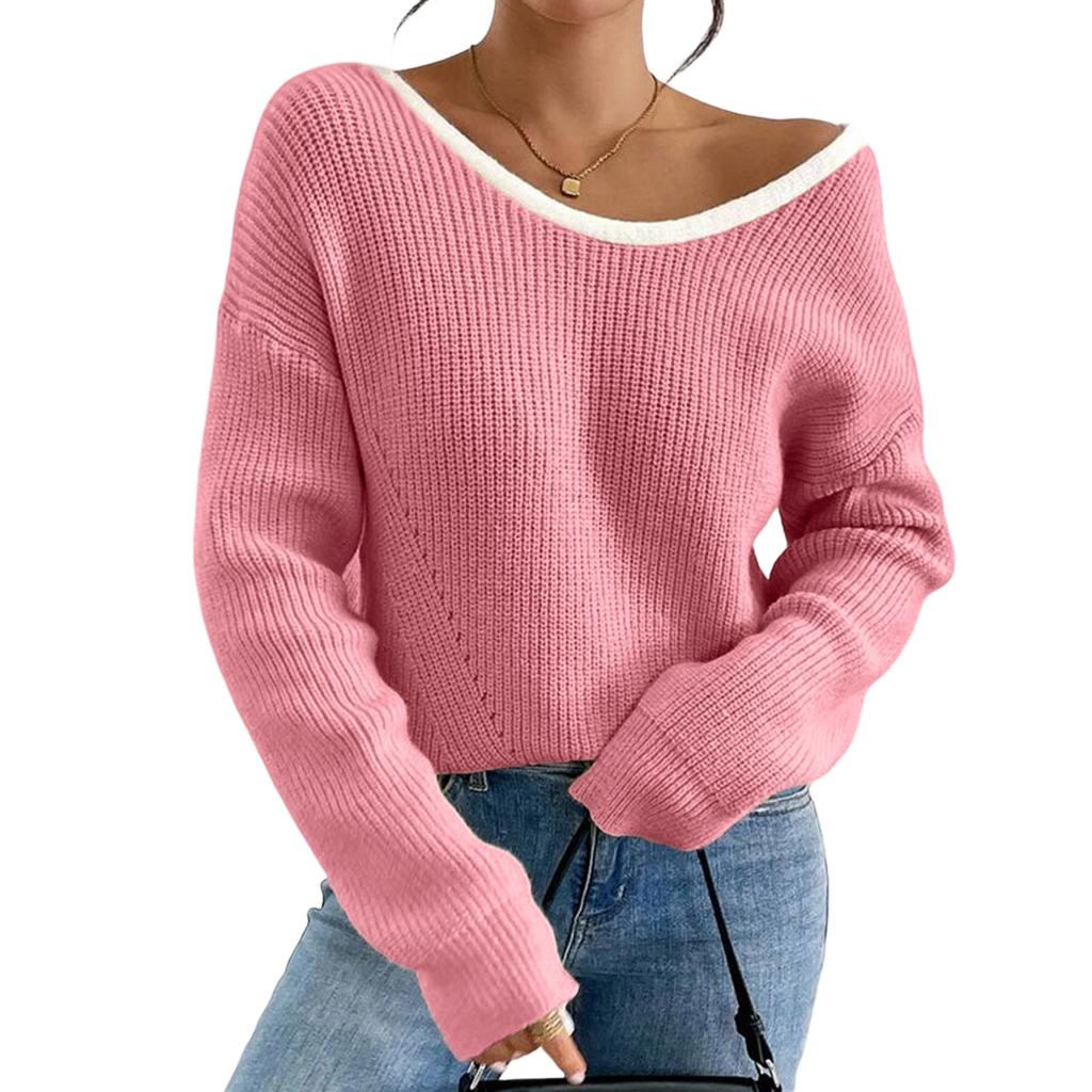 Women's Fall Winter Long Sleeve Round Neck Pullover Sweater with Back Knit Top