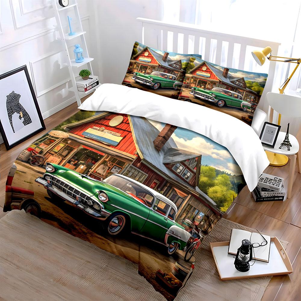 Klassisches Oldtimer-Auto vor Landgeschäft Bettwäsche-Set 1 Bettbezug 2 Kissenbezüge für Erwachsene und Kinder Luxusgeschenk