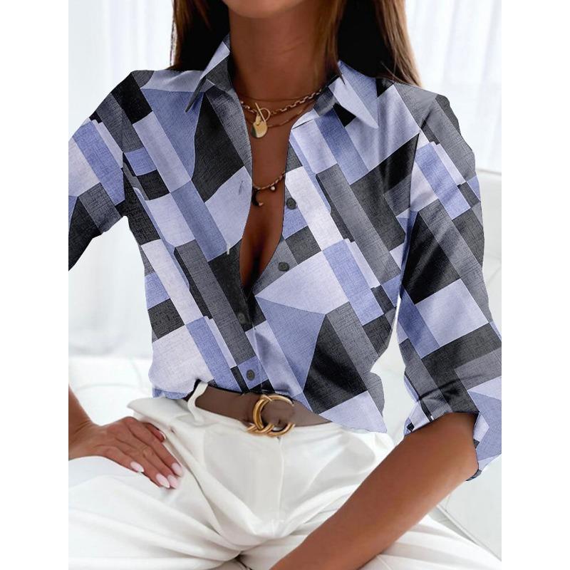 Women's Elegant Vintage Fashion Geometric Blouse Lapel Neck Blouse Womens Long Sleeve Shirts Womens Clothing Female Clothing