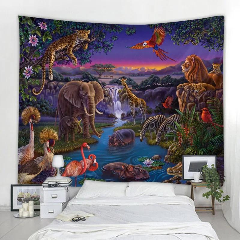 African Jungle Wild Animal Tapestry Rainforest Theme Wall Hanging Safari Animals Giraffe Elephant Tapestries For Boys Adults