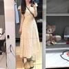Womens V-Neck Floral Print A-Line Midi Dress High Waist Short Sleeve Boho Chic