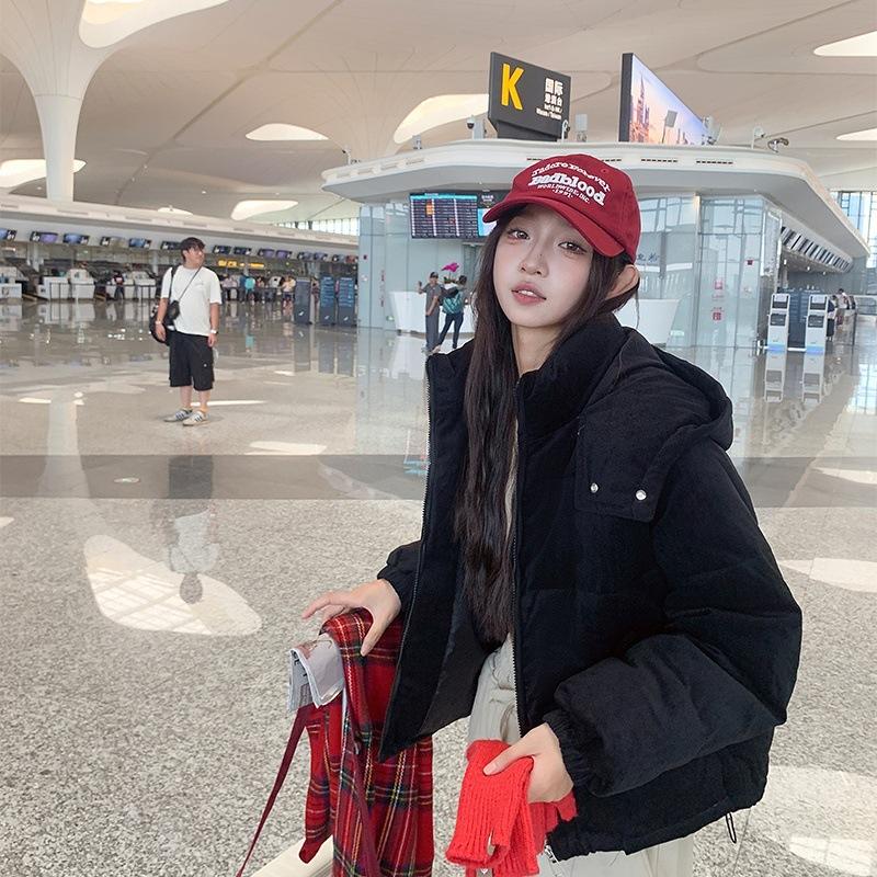 

New student cotton jacket women s short down padded jacket fashionable and loose winter 2025 padded jacket hooded jacket M чёрный