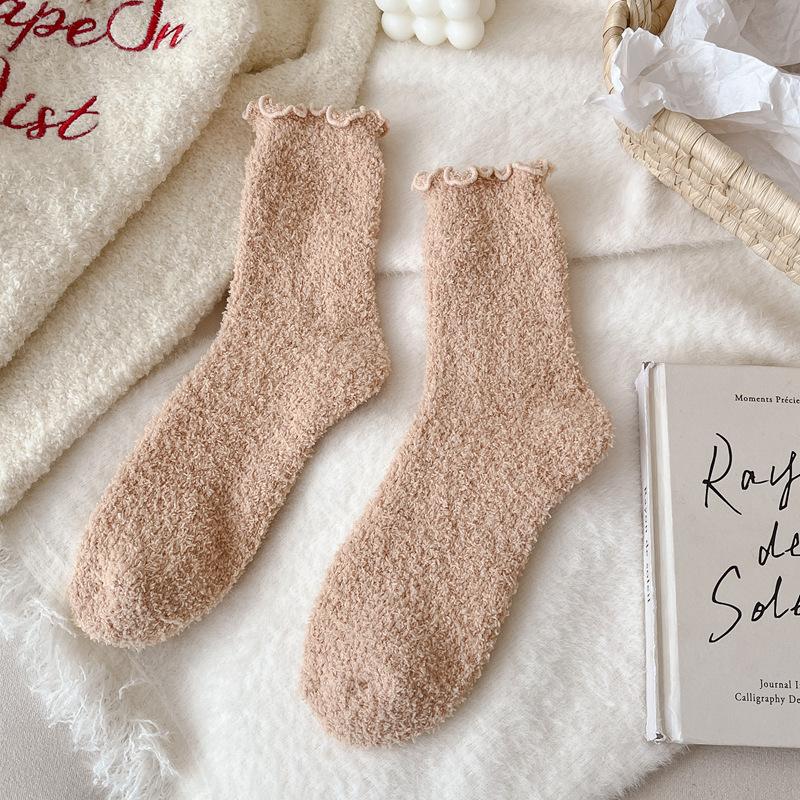 Fungus Edge Coral Fleece Socks Women'S Winter Warm Feet Thickened Warm Medium Tube Home Floor Socks Lace Solid Color Women'S Socks
