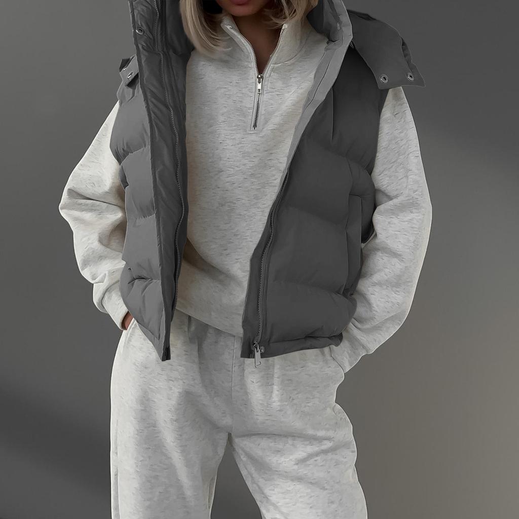 Women's Casual Fashion Outerwear Solid Color Sleeveless Hooded Cotton Vest Vest