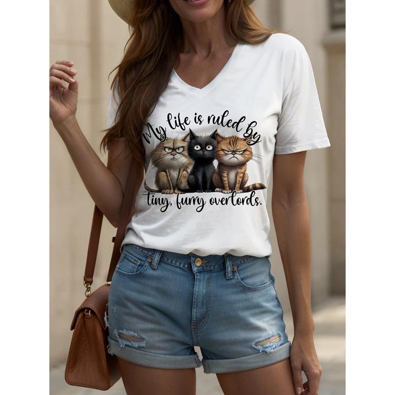 

Summer Women s T-Shirt Animal Cat Print Graphic T Shirts Fashion Casual Top Women Oversized V-Neck Women s Clothing S