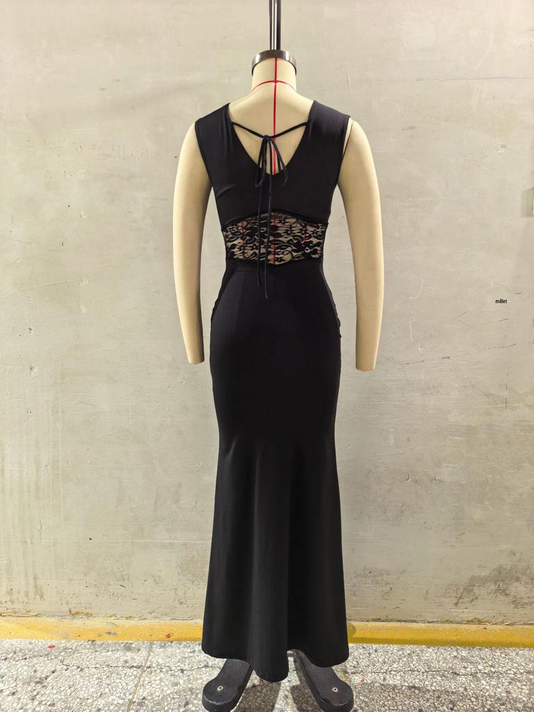 European-Style Spring Fashion Lace Patchwork Backless Sleeveless Long Dress