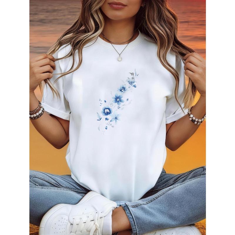 

Casual Daily Wear Women S T-Shirts Made of 100%, Featuring a Blue Floral Design, Lightweight And Breathable S белый