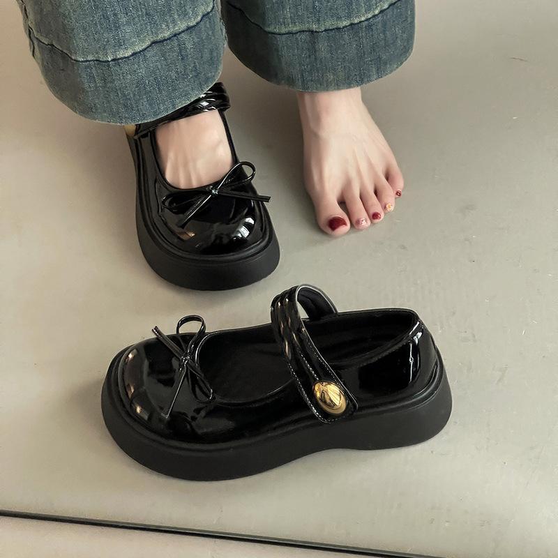Fashion versatile platform British style small leather shoes women's 2025 new summer bow with skirt round head single shoes