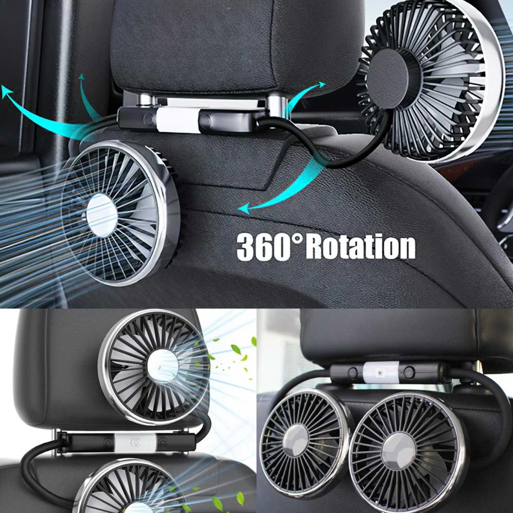 Car Fans Summer Dual-Head USB Hose Fan 360°Rotation Cooling Fan 3 Speed Wind 2 Lighting Setting Car Fan Cooler Easy to Install