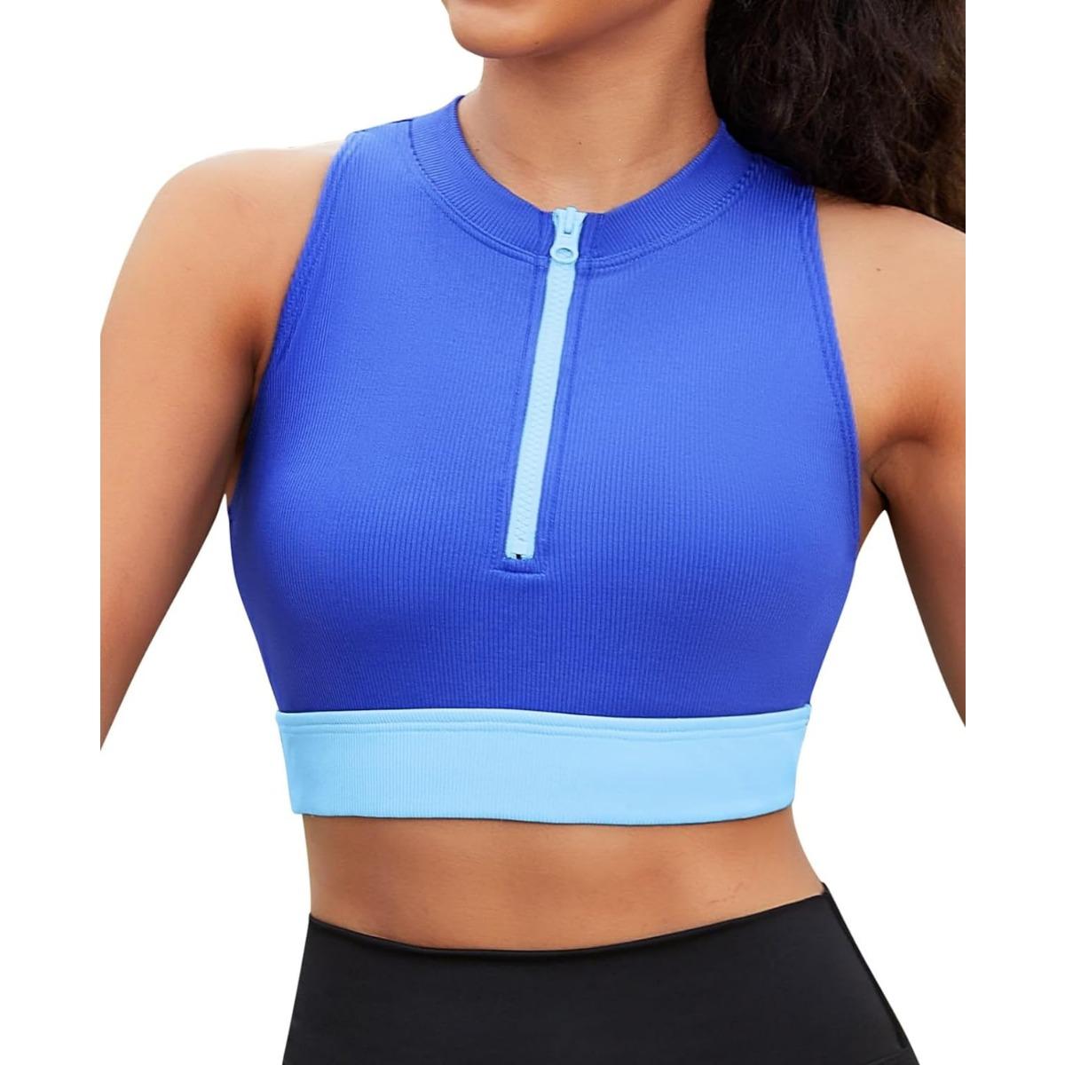 

Charmleaks Женский бикини-топ с застежкой-молнией спереди, ребристый, с высоким воротом, спортивный купальный топ M синий