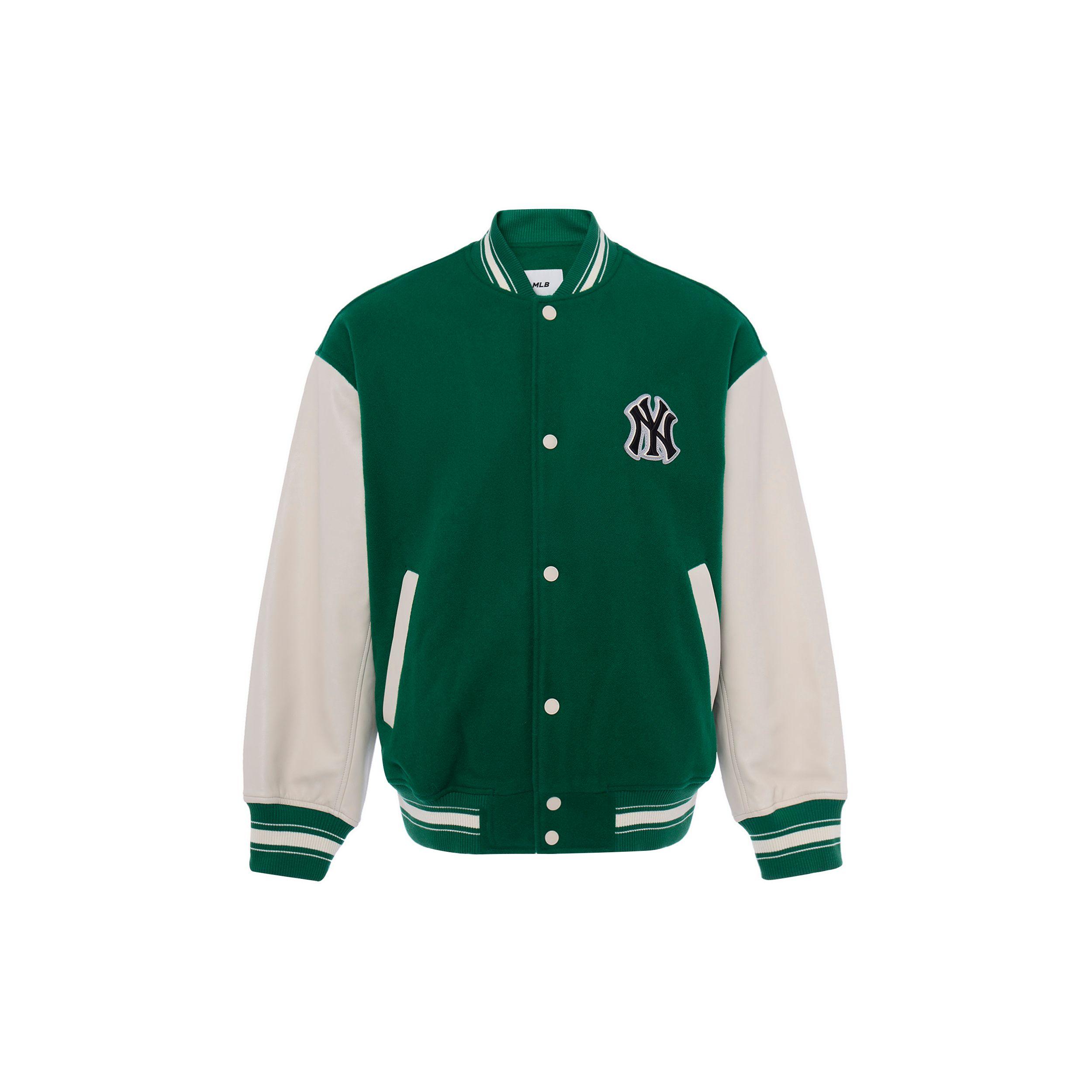 Chaqueta de béisbol de una sola fila con logo de letra MLB empalmado Unisex Chaquetas Verde 3AJPB0131-50GNM XL white