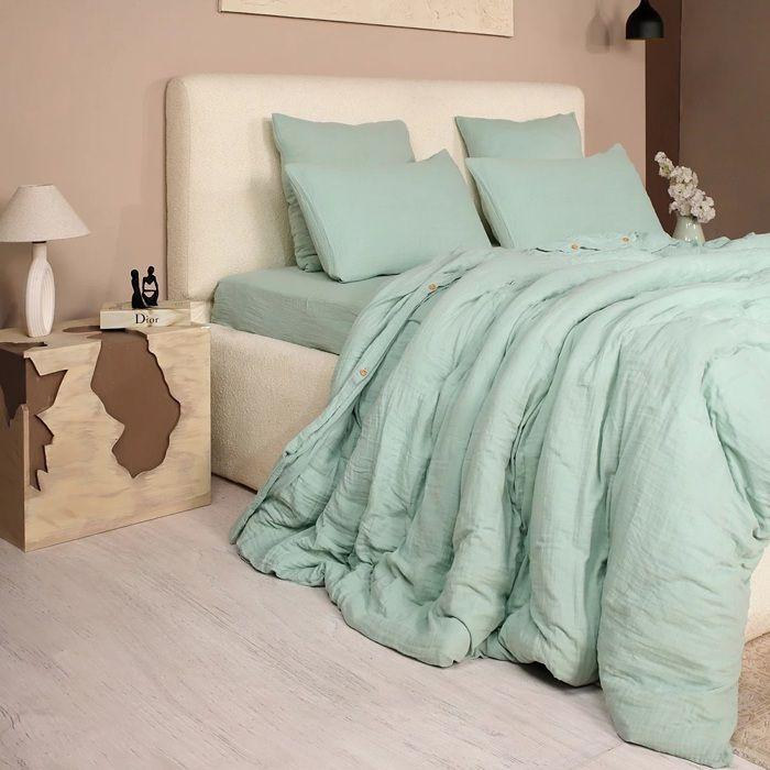 Housse De Couette + Taies - Douceur Vert Givré - 100% Gaze De Coton - 220 X 240 Cm - Oeko-Tex®
