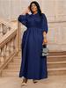 Elegant Women Blue A Line Satin Dress Turn Down Collar Short Puff Sleeves Pleated Shine Classy Evening Party Wedding Guest Gown