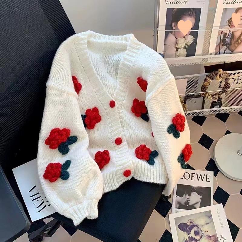 Korean Sweet Style 3D Flower Knit Cardigan - Women’s Soft, Loose, Age-Reducing Autumn/Winter Sweater