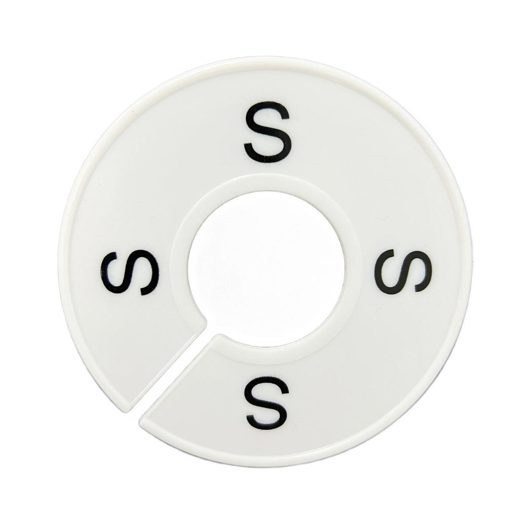 White Double-Sided Round Plastic Clothing Size Dividers with Printed Design for Closet Organization