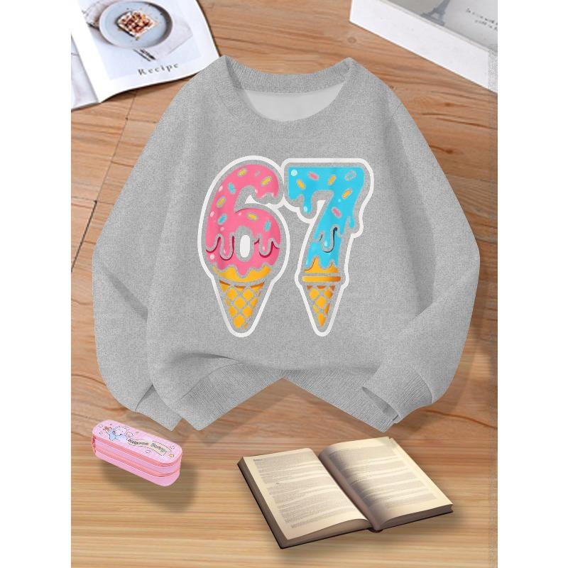 Kids Unisex Crewneck Sweatshirt, Cute Dripping Ice Cream Cone Shaped 67 Number Print Long Sleeve Pullover, Sweatshirt for Boys Girls Over 4 Years Old