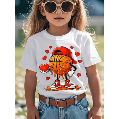 European Sizes Soft Breathable Valentine Basketball Heart Drip Sport Valentines Day T-Shirt for Kids | Boys & Girls Graphic Tee - Round Neck