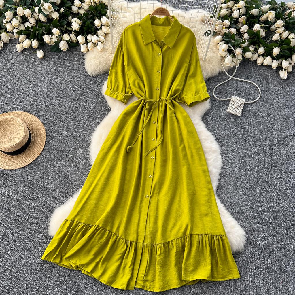 Sexy Chic Polo-Neck Single Breasted Ruffle Dress Elegant Korean Fashion Slim Summer Vintage Sweet Dresses