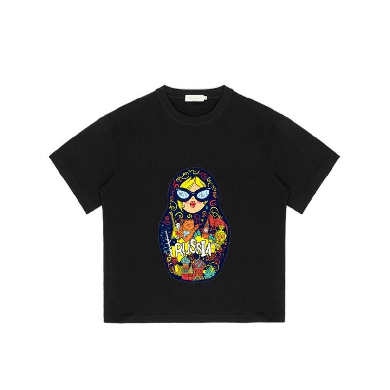 Unisex Oversized T Shirt Black Russia Matryoshka Doll with Sunglasses and Traditional Symbols Print Casual Streetwear for Daily Wear and Travel
