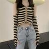 Autumn Winter Polo-neck Off the Shoulder Knitting Striped Crop Top Women Long Sleeve Hollow Zipper Sweater