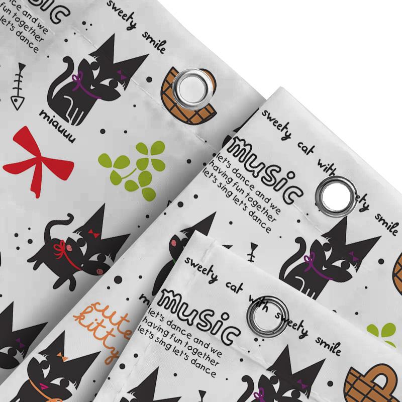 Kawaii Cats Shower CurtainBlack Cat Print for Bathroom Decor Pretty Kitty Fun Design Music and Fruit Love Quotes White Backgroun
