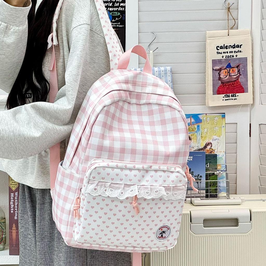 Schultasche Koreanisch süß blau-weiß karierter Rucksack Mittelschulrucksack Mädchenherz Spitzen-Design Schultasche