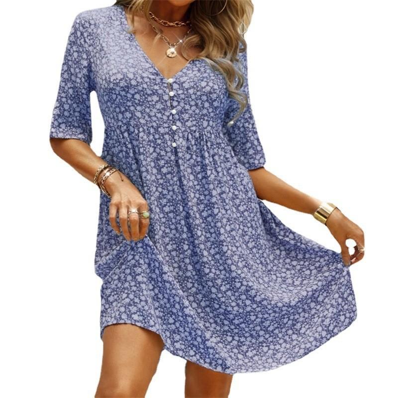 Women V Neck Half Sleeve Floral Print Mini Dress With Buttons Casual Daily Wear