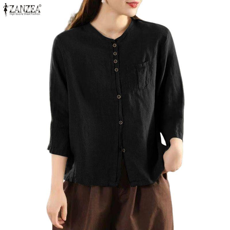 ZANZEA Lässige Damenbluse mit Rundhalsausschnitt und 3/4-Ärmeln, lockere Baumwollbluse