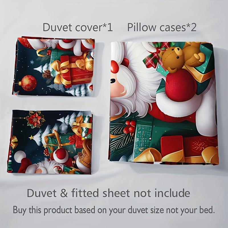 3pcs Christmas Bedding Set - Santa & Snowman Print Duvet Cover and Pillowcases, Breathable Polyester, Machine Washable