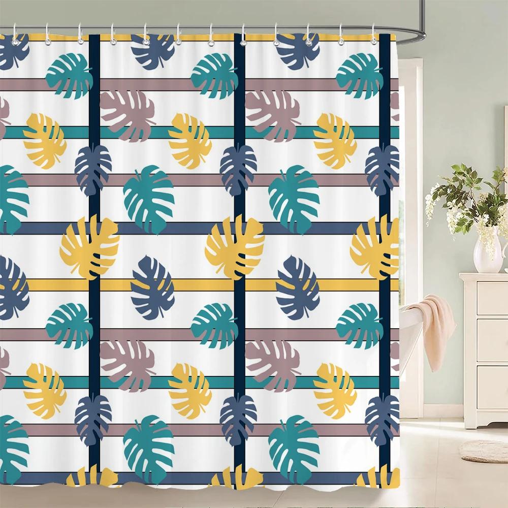Tropische Pflanzenblätter Duschvorhang Nordisch Minimalistisch Floral Badevorhang Wasserdichter Stoff 3D Badezimmer Vorhänge Mit Haken