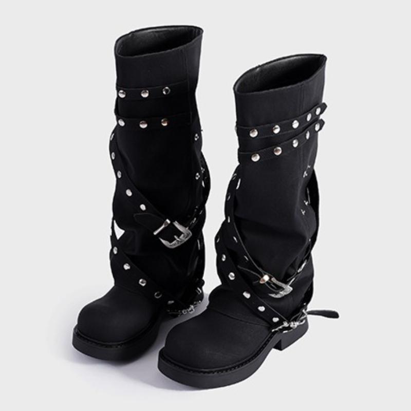 Punk Style Rivets Belt Buckle Design Knee Boots Women Fashion Round Toe Narrow Band Knight Boots Comfort Non-slip Platform Boots