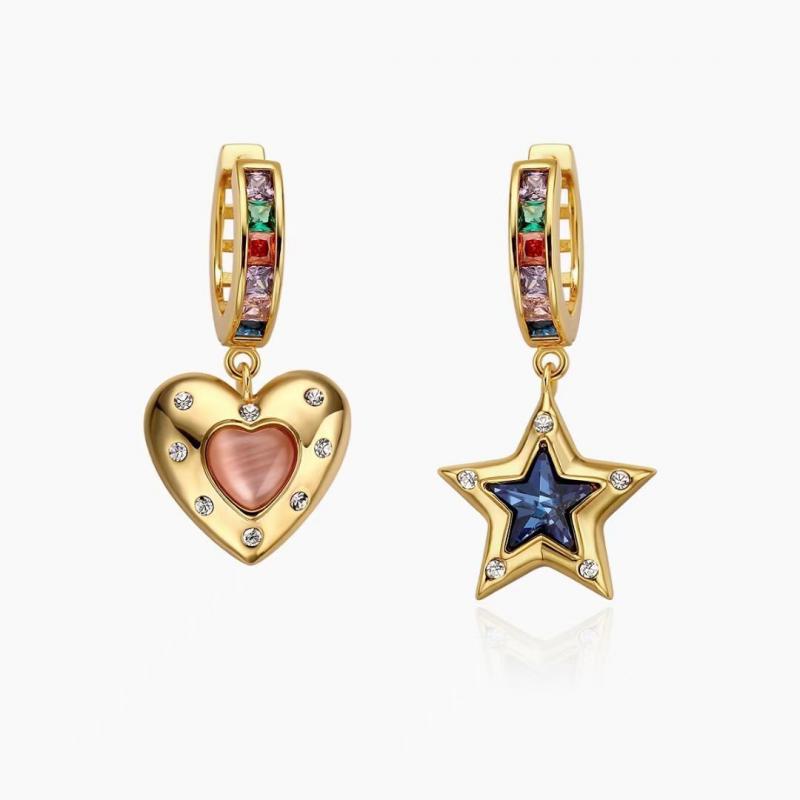 Exquisite Romantic Colorful Stone Heart Shaped Stars Asymmetric Earrings Fashionable Elegant Personality Women