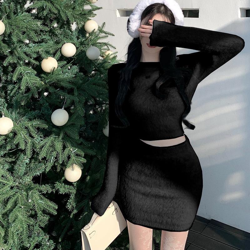 Φθινόπωρο Άνοιξη Γυναικεία Μίνι Γούνινη Φούστα Στενή Ψηλόμεση Κρουαζέ Γοφών Μαύρο Κάτω Μέρος Άγρια Μάλλινη Κομψή Κορεάτικη