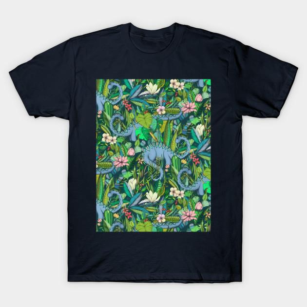 

Men Black Print T-shirt An Unlikely Garden Filled With Improbable Plants - Plumeria, Magnolia, Lotus Flowers &Amp; Lots Of Tropical &Amp; Other Leaves 4XL Темно-синій