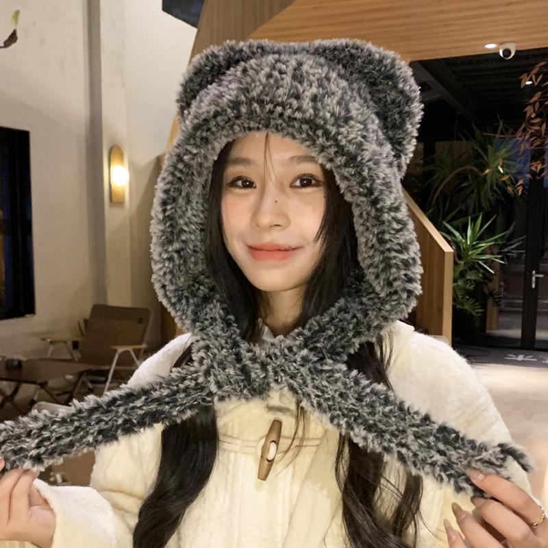 Bear Warm Plush Hat Female Winter Snow Cold Wool Hat Thickened Warm Face Small Ear Protection