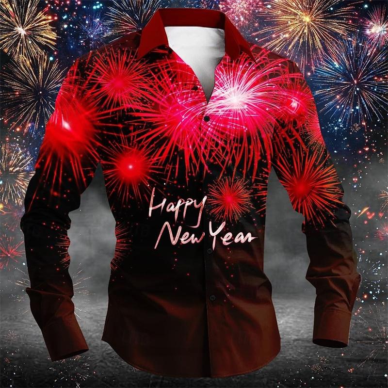 Christmas Men's Long-Sleeve Shirt, Red and White Color Block, Christmas Ball and Snowflake Pattern, Holiday Party Shirt