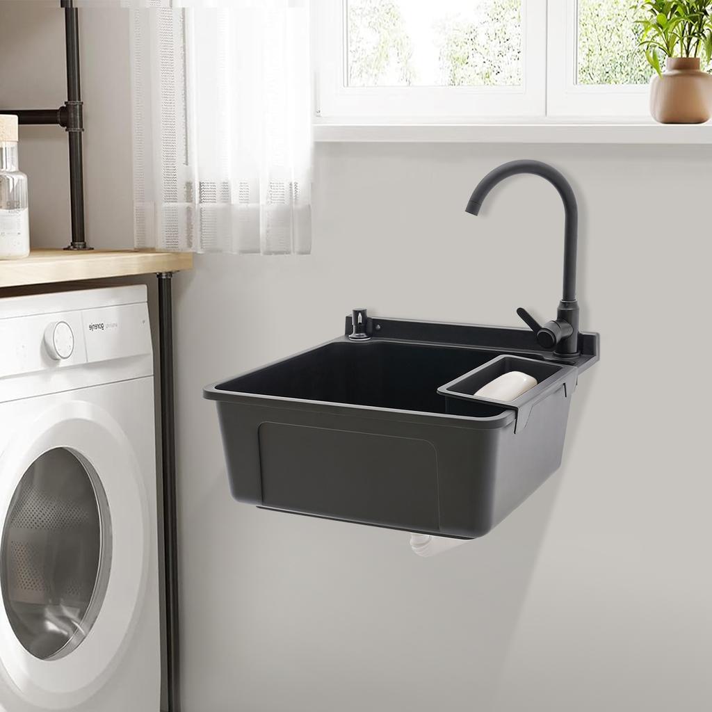 Wall-Mounted Sink, Black Small Basin, PP Utility Sink for Laundry Room, Garage, Kitchen, Modern Style Sink, 20.08x17.52x9.45in