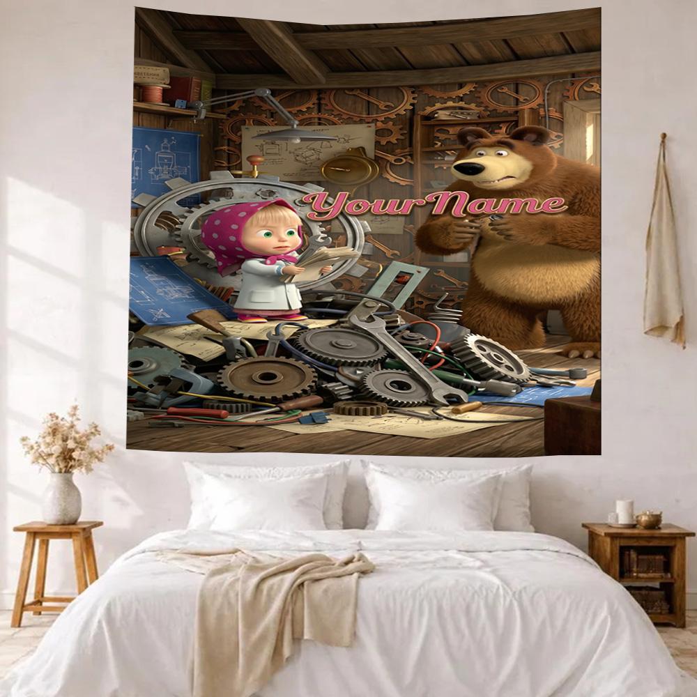 Masha Bear Custom Your Name Wall Decor Tapestry Art For Pet Memorial Birthdaywedding Party Backdrop Family Gift