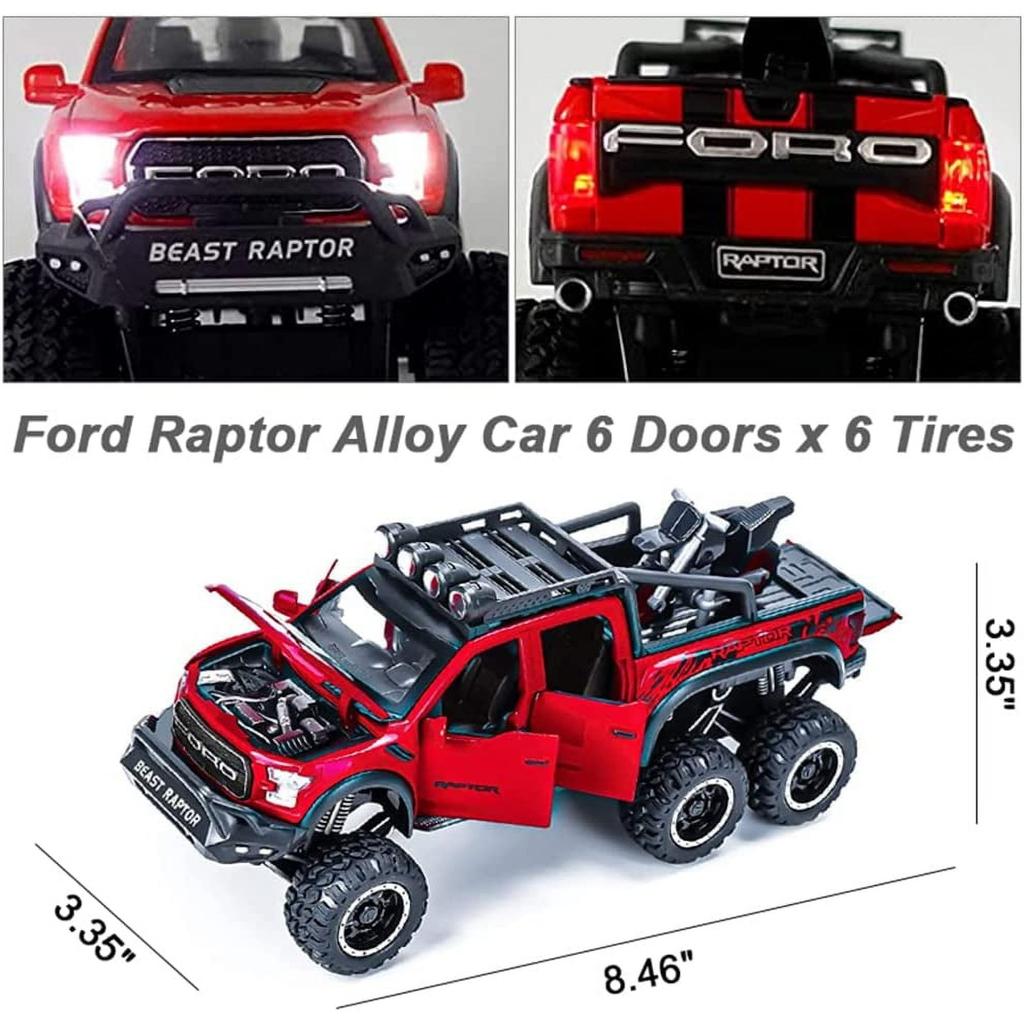 1/24 Scale Toy Pickup Trucks, Truck Toy, Ford F150 Diecast Metal Pickup with Sound and Light, 6x6 Off-Road Pull Back Trucks with Motorcycle for Kids