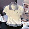 2026 Plus Size Plaid Patchwork Lapel Short Sleeve T-shirt - Women's Spring/Summer New Loose Fashion Top