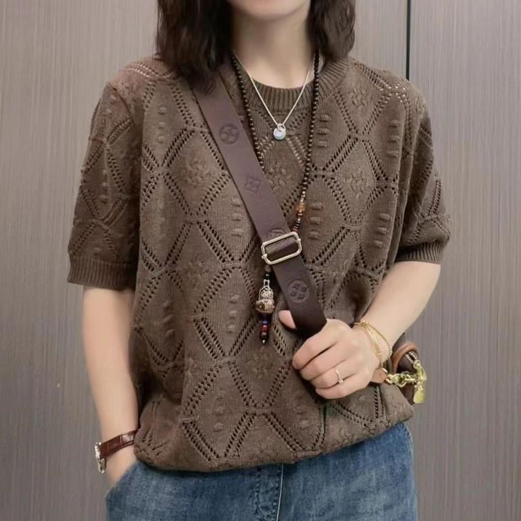 Spring and Summer Hollow Loose Knitted Top for Women Round Neck Casual Short Sleeve T-shirt for Women