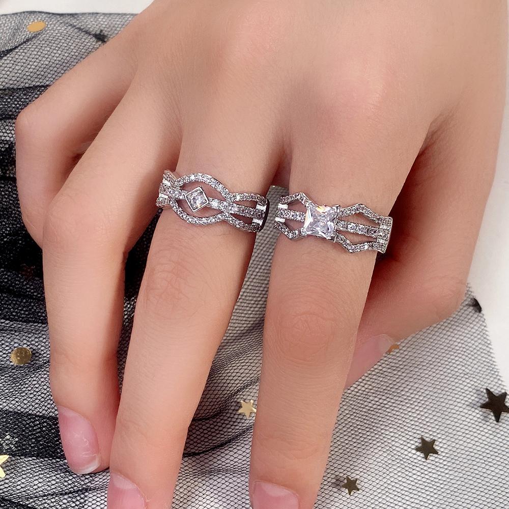 Bagues de luxe pour femmes, ensemble assorti, pour mariage, incrusté de zircone cubique brillante, luxe, 2 pièces, bandes de fiançailles, bijoux, nouvelle mode