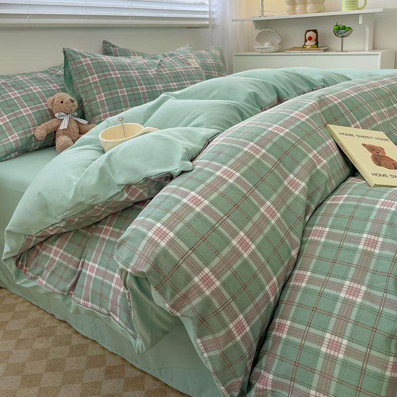 Simple Pure Cotton Four-piece Set Plaid Pure Cotton Bed Sheet Quilt Cover Bed Sheet Type Pure Cotton Dormitory Three-piece Set
