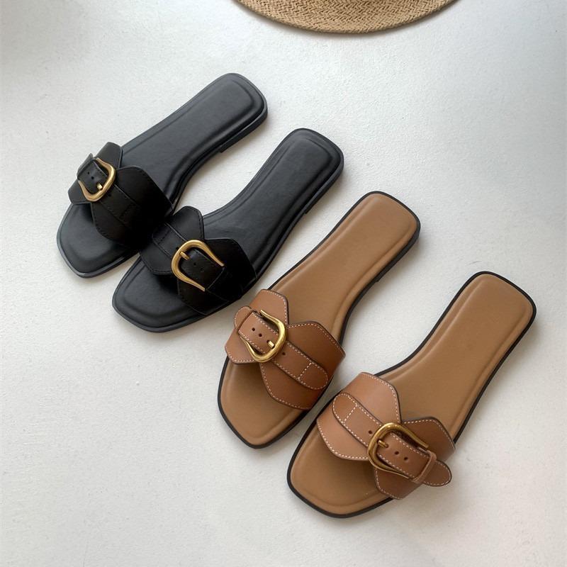 New Style Belt Buckle, Single-strand Flat-bottom, Fashionable Square-toe, Soft-soled Women's Shoes