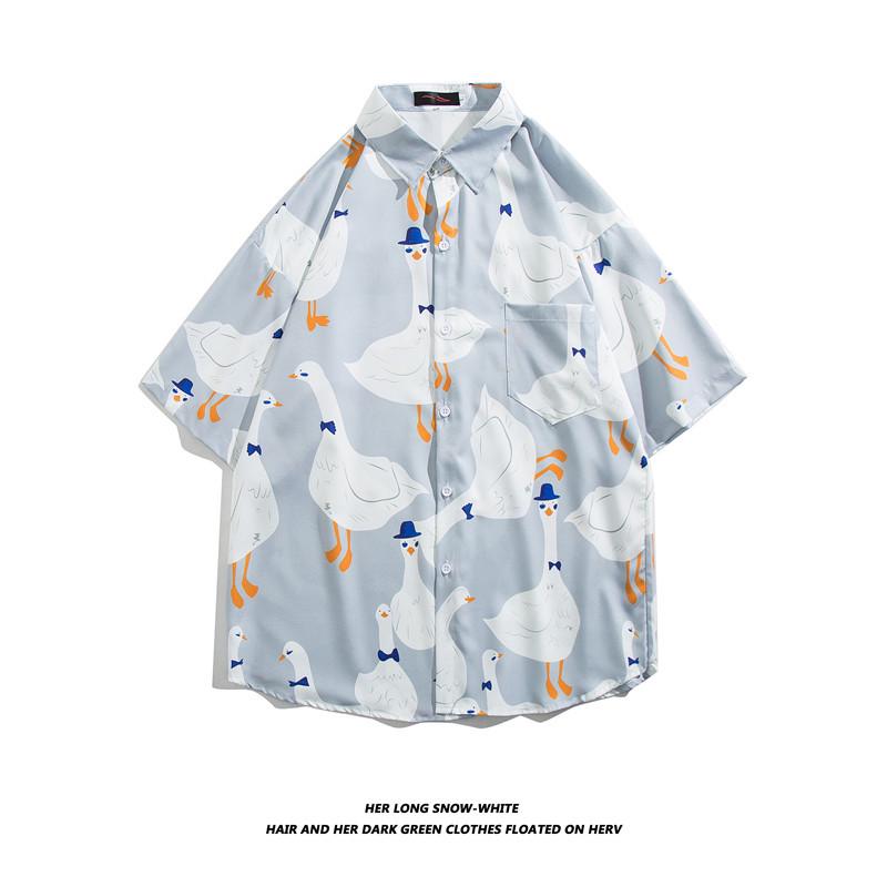 

Мужская рубашка в стиле ретро с рисунком в японском стиле Харадзюку — с короткими рукавами, свободного кроя, для лета L