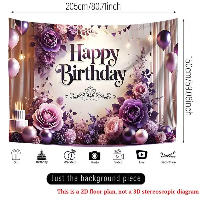 2D Elegant Purple Rose Birthday Backdrop, Luxurious Floral & Balloon Party Background Cloth for Adult Birthday