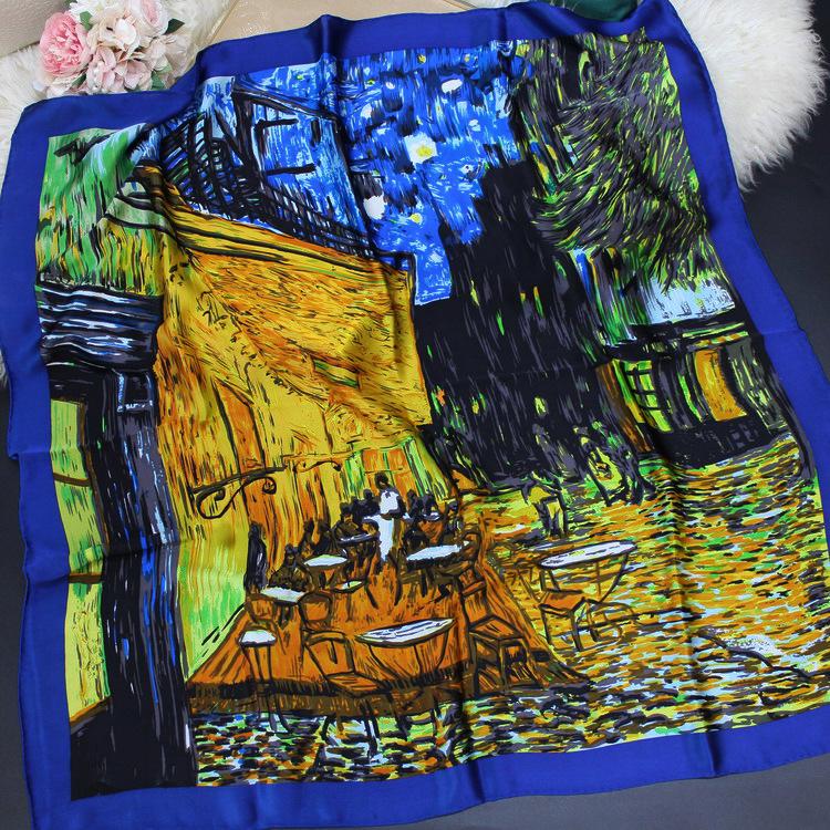 High-end famous painting Van Gogh oil painting starry sky silk 90 square scarf spring and autumn thin mulberry silk scarf summer sunshade shawl