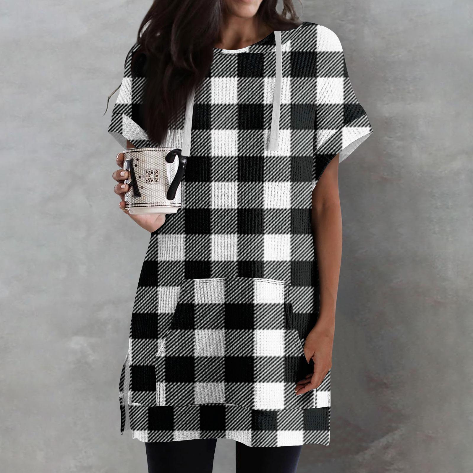 

Женские свободные рубашки с принтом, толстовки с короткими рукавами и шнурком, вязаная туника с боковыми разрезами, топы с капюшоном и карманом L чёрный